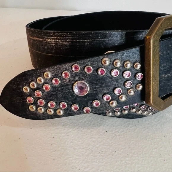 Leather Pink Clear Studded Dark Gray Ladies Fashion Belt Brass Buckle Size M/36" - Picture 5 of 9